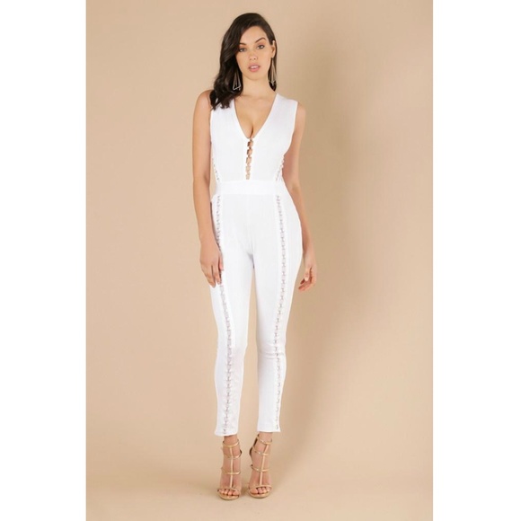 Plunging Neck Metal Ring Trim Bandage Jumpsuit - Picture 2 of 4